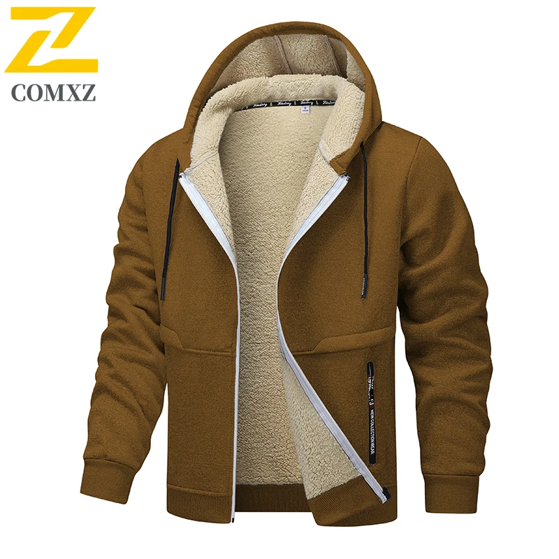 

2025 Мужской кардиган из овчины с капюшоном на флисовой подкладке, зимняя куртка, теплая повседневная верхняя одежда на молнии, толстая термоуличная одежда, модный топ