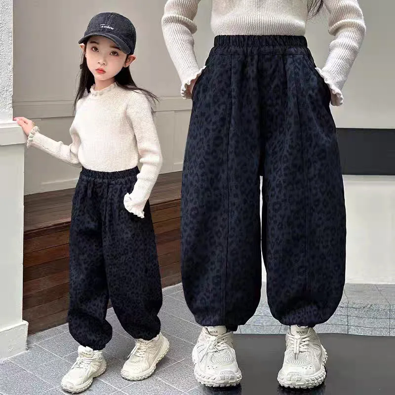 Kids Girls Plush Fleece Lined Pants 3-8Y Korean Children's Clothes 2026 Winter Warm Loose Leopard Print Outings Jogger Trousers