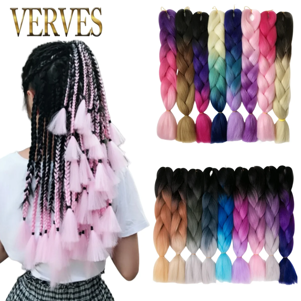 VERVES Synthetisches Flechthaar zum Selbermachen, 61 cm, Jumbo-Zopf, 100 g/Stück, Verlängerung, reine Ombre-Zöpfe für Frauen, Rosa, Blau, Lila, Schwarz