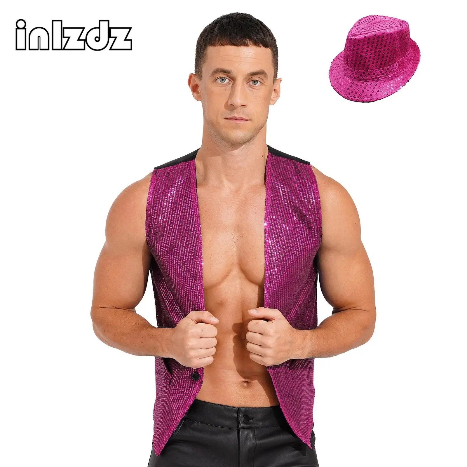 

Mens Womens Glittery Sequined Vest Button Sleeveless Waistcoat with Sparkling Hat for Jazz Dance Party Club Stage Performance