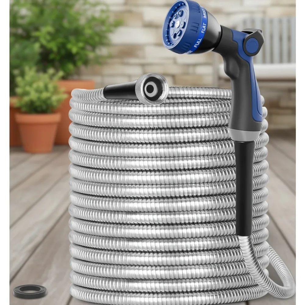 

50ft Stainless Steel Garden Hose Metal, Heavy Duty Water Pipe with Nozzles for Yard Outdoor - Flexible Never Kink Tangle