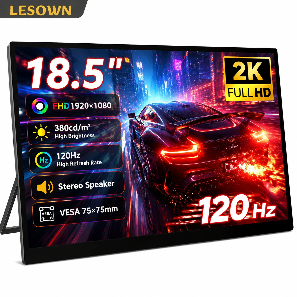 LESOWN 18.5" Travel Monitor Driverless Plug&Play VESA75 Built-in Speakers Mini HDTV Second External Screen for Laptop Notebook