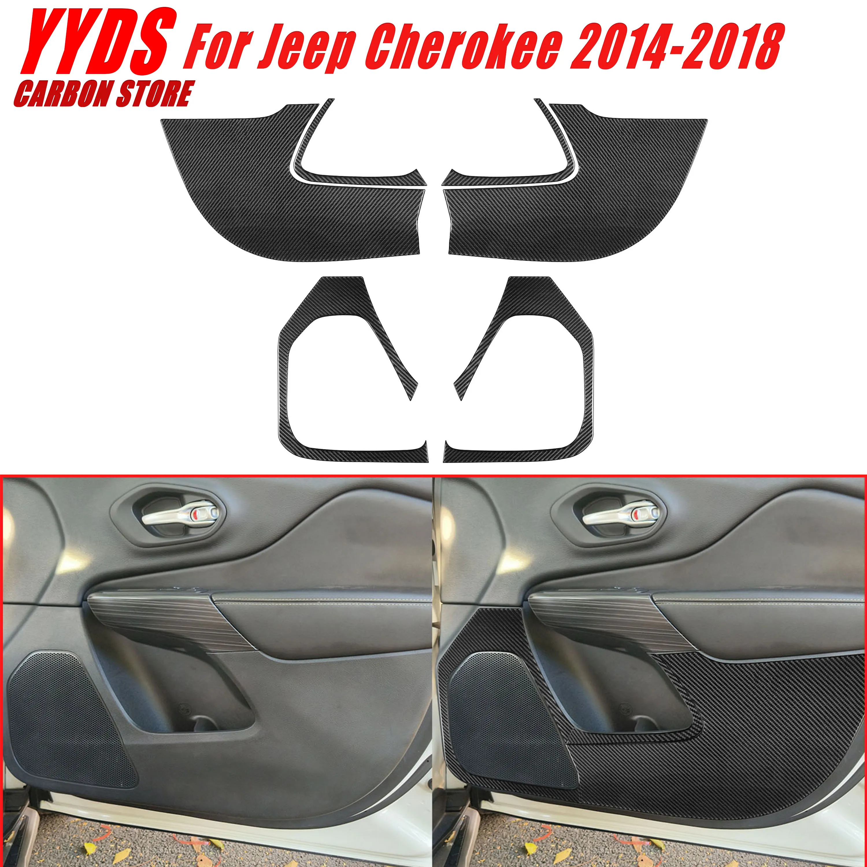 For Jeep Cherokee 2014-2018 Real Soft Carbon Fiber Car Interior Front Door Anti-Kick Edge Protection Side Trim Mat Cover 6Pcs