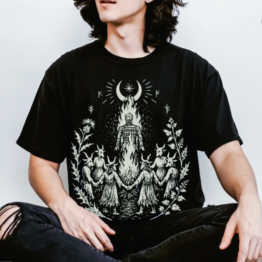 Wicker Man T-Shirt Pagan Ritual Goat Mask Cult Bonfire Printed Shirt Unique Style Mens Tshirt Graphic Printed Unisex Cotton Tops