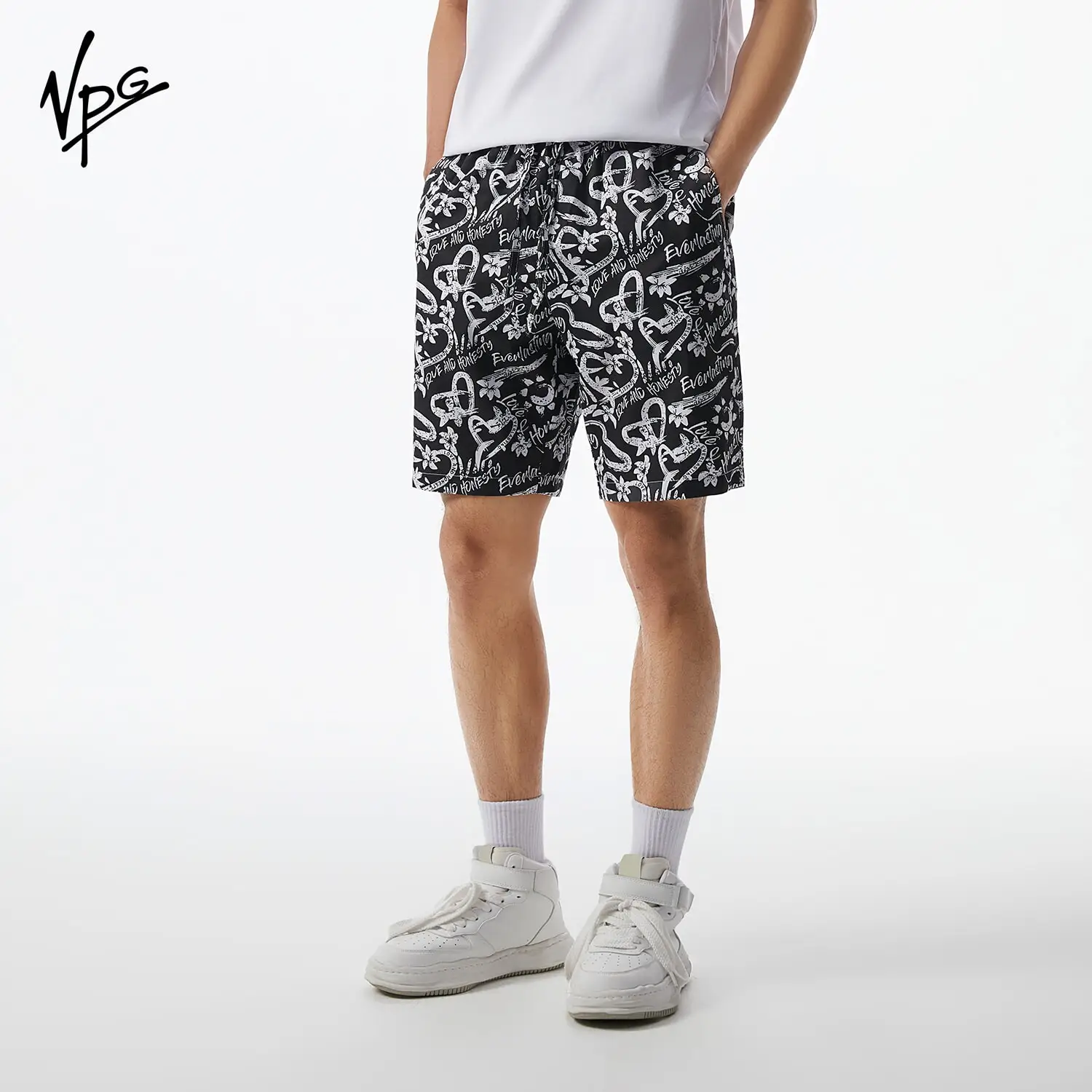 VPG Men's Trendy Graphic Print Shorts Black and White Elastic Waistband Perfect for Casual and Streetwear Looks