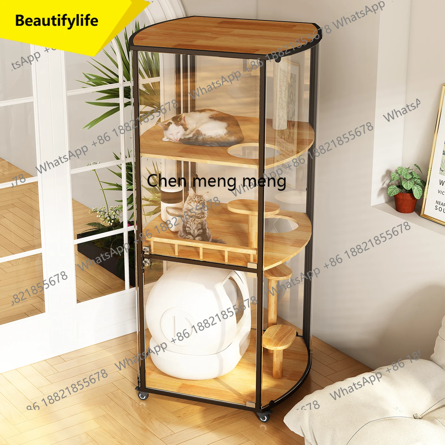 

01A Large cat luxury villa panoramic curved glass cage solid wood cat cabinet large household cat house
