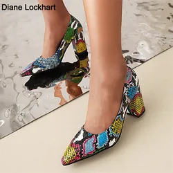 New Women Pumps Snake Pattern Printing High heels 7.5cm Lady Shallow Thick heel Autumn Dress Party Pointed Single Female Shoes