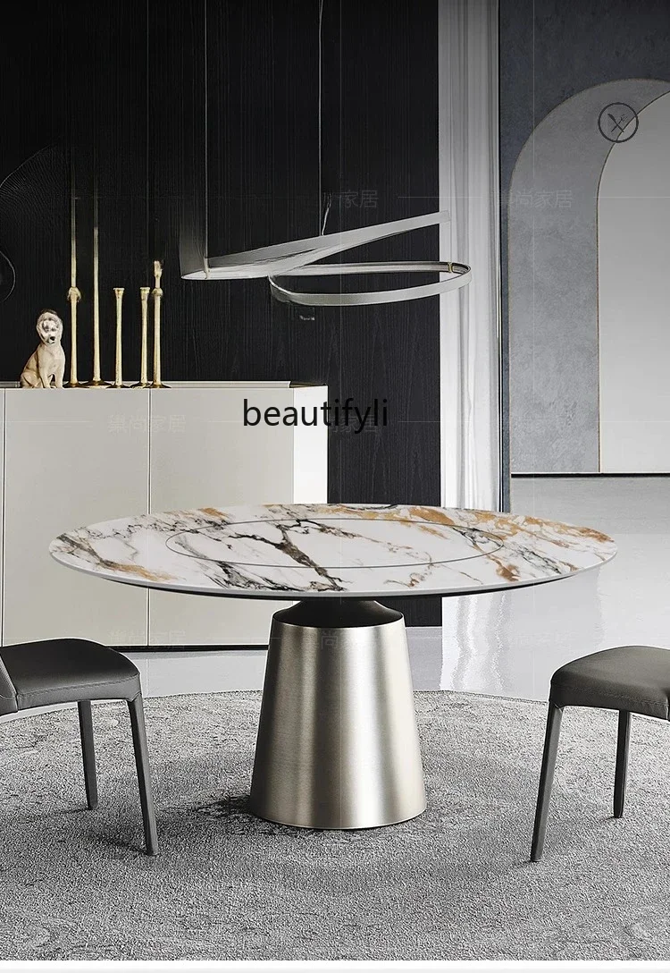 

Slate dining table Italian light luxury household round marble dining table with turntable1184