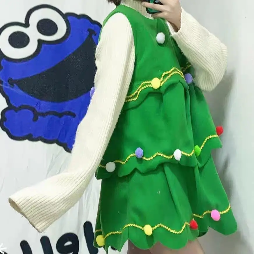 Weihnachts-Cosplay-Kostüm-Set für Erwachsene und Kinder, grünes Weihnachtsbaum-Outfit, niedlich, festlich, Urlaub, Party, Familie, passende Kleidung