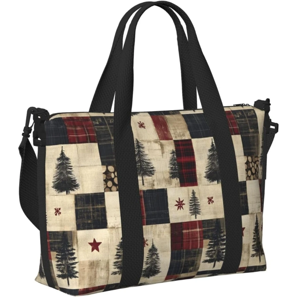 

Christmas Tree Plaid Print Travel Duffle Bags for Women, Personal Item Overnight Weekender Sport Carry On Gym Bag for Men Women