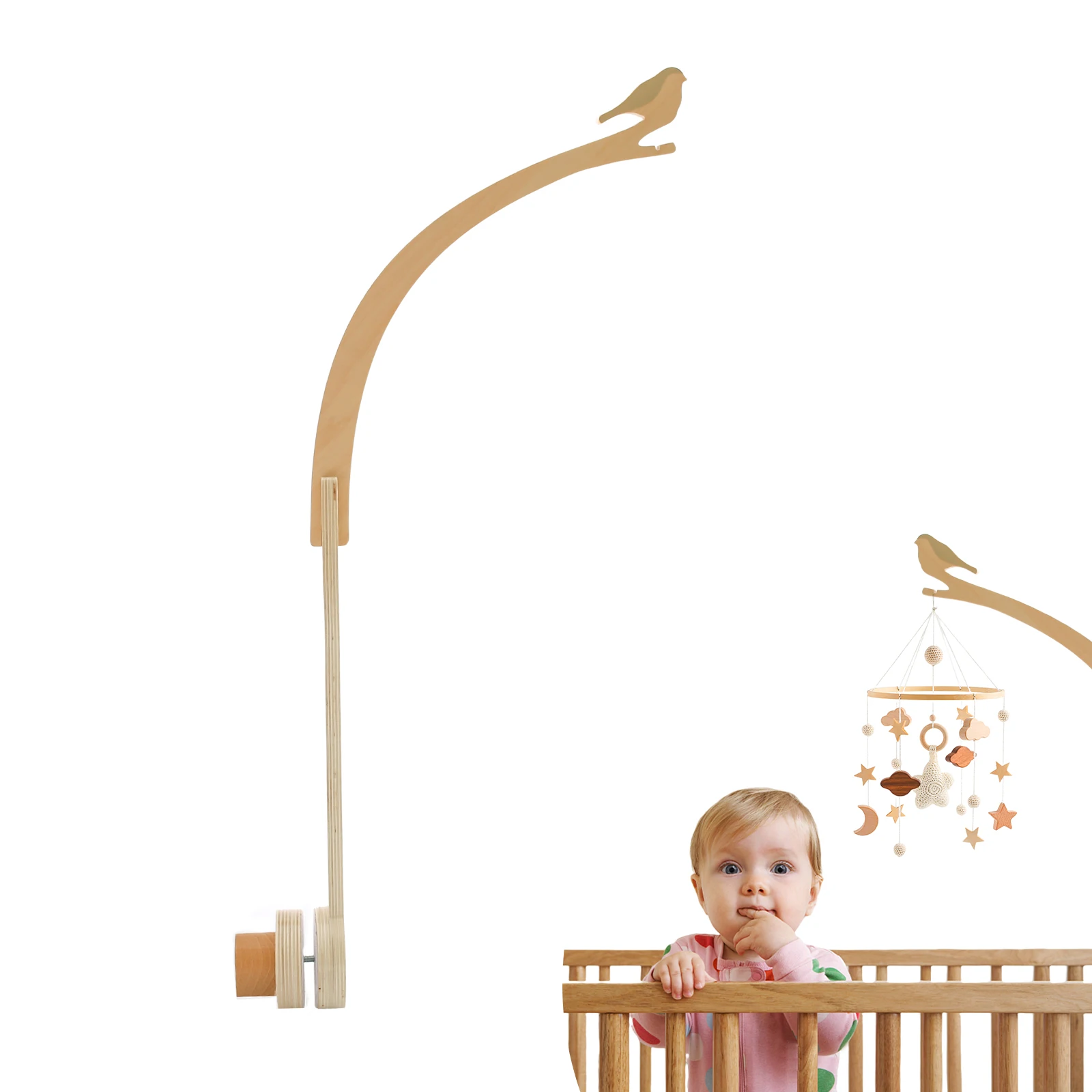 Baby Wooden Bed Bell Bird Shape Bracket Mobile Hanging Rattles Toys Hanger Baby Crib Mobile Bed Bell Wood Toy Holder Arm Bracket