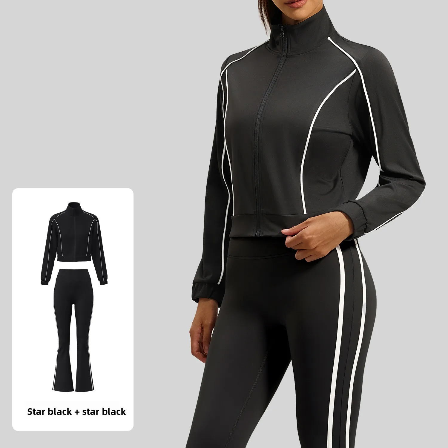 Women Color Block Striped 2Pcs Tracksuit Full Zip Jacket + Leggings Casual Yoga Cycling Fitness Sports Suit