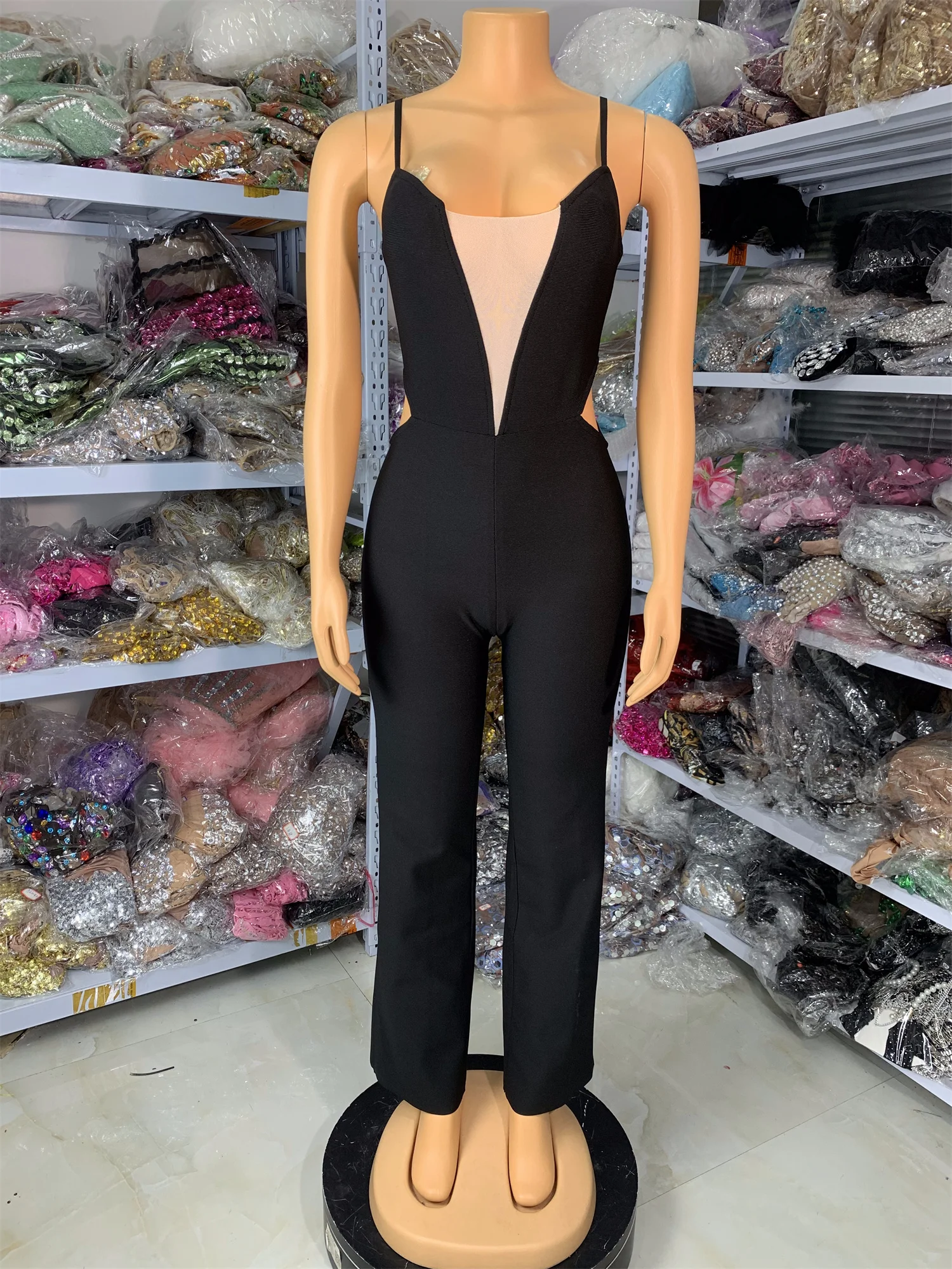 

Women Black Bandage Jumpsuits 2025 New Tulle Inset Spaghetti Strap Cut Out Straight Pants High Street Evening Club Party Rompers