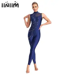 Womens Rhythmic Gymnastics Artistic Figure Skating Dance Costume Shiny Rhinestones Ballet Dance Unitards Jumpsuit Full Bodysuit