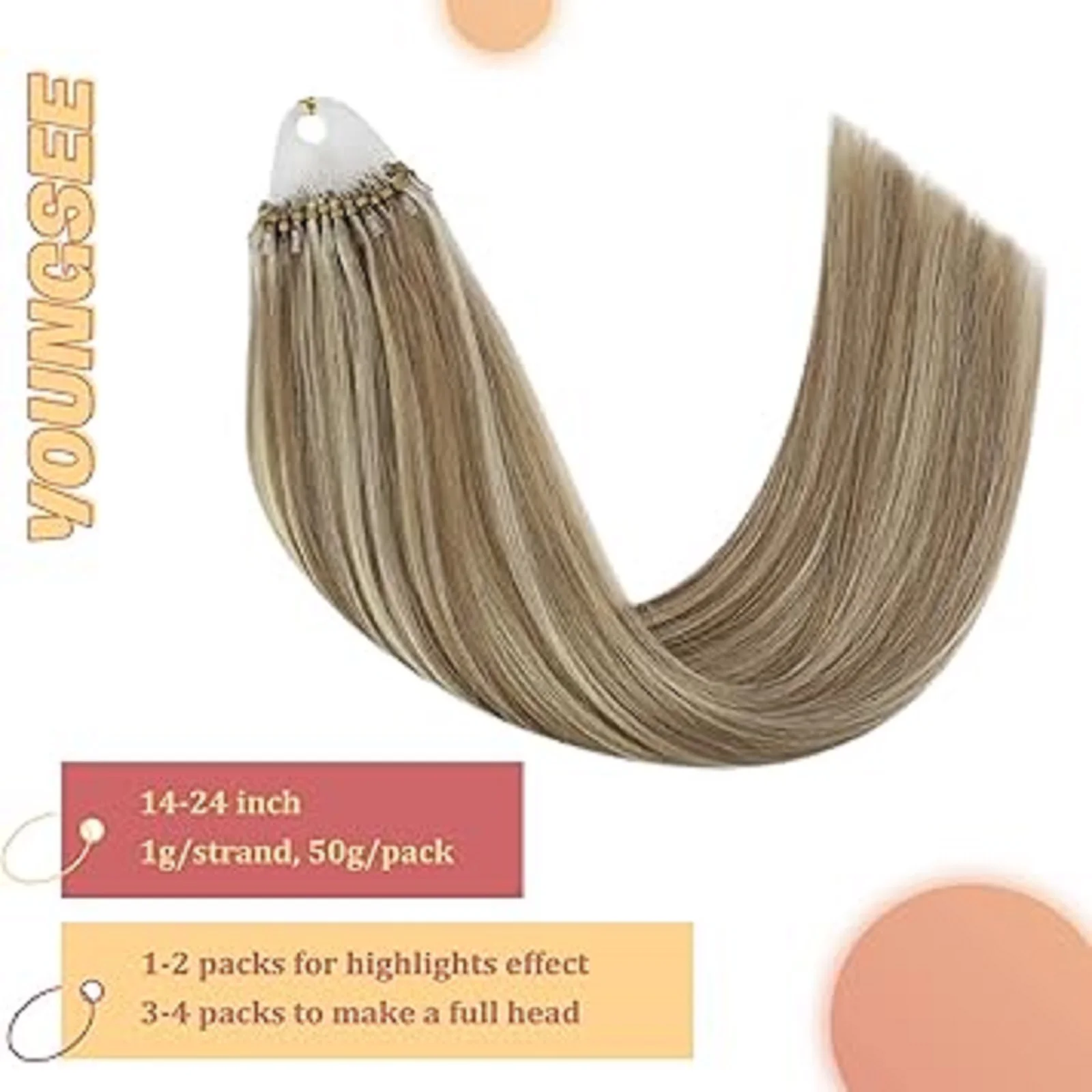 Youngseee micro anel extensões de cabelo mais suave real cabelo humano destaques cor 50g & 100g cabelo brasileiro para mulher 14-24 polegada