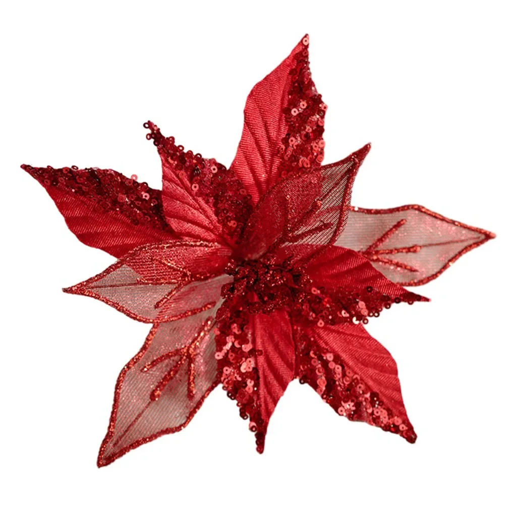 Make Your Christmas Tree Stand Out with Christmas Poinsettia Glitter Flower Hanging Xmas Party Tree Decoration