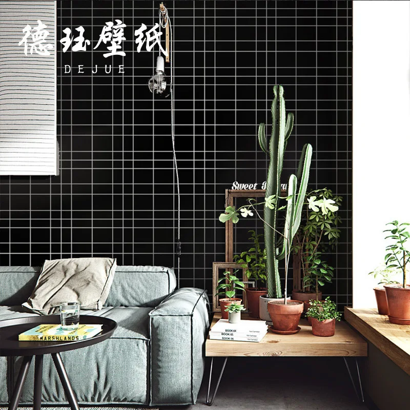 ورق حائط ذو مربعات باللونين الأبيض والأسود على الطراز الشمالي مع غطاء جدار بنمط الطوب اللاصق لمتاجر الملابس ومتجر شاي الحليب