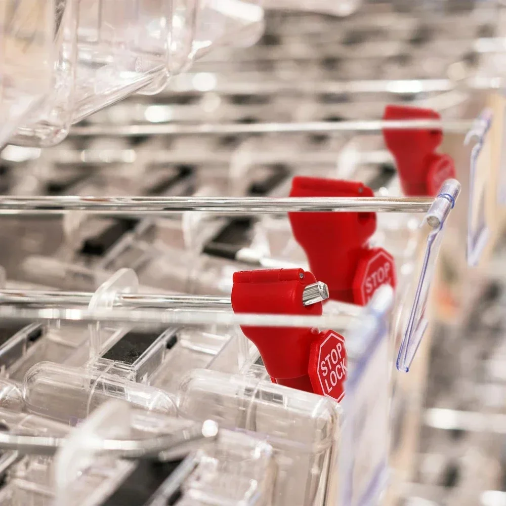 100 шт., замки с крючками, 6 мм, пластиковый магнит, безопасный красный стоп-замок, противоугонный крючок для перфорированной доски для розничного магазина, торговый центр