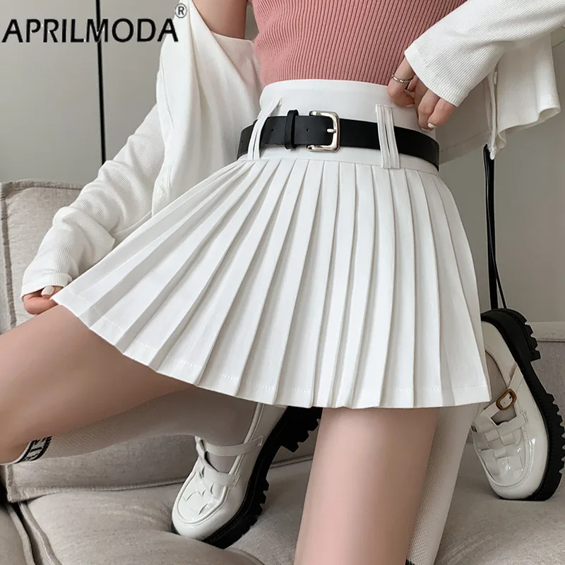 Solid White Black High Waist Mini Pleated Skirt JK A-Line Clubwear High Waist Harajuku Kawaii Teen-girl Tennis Skirts With Belt