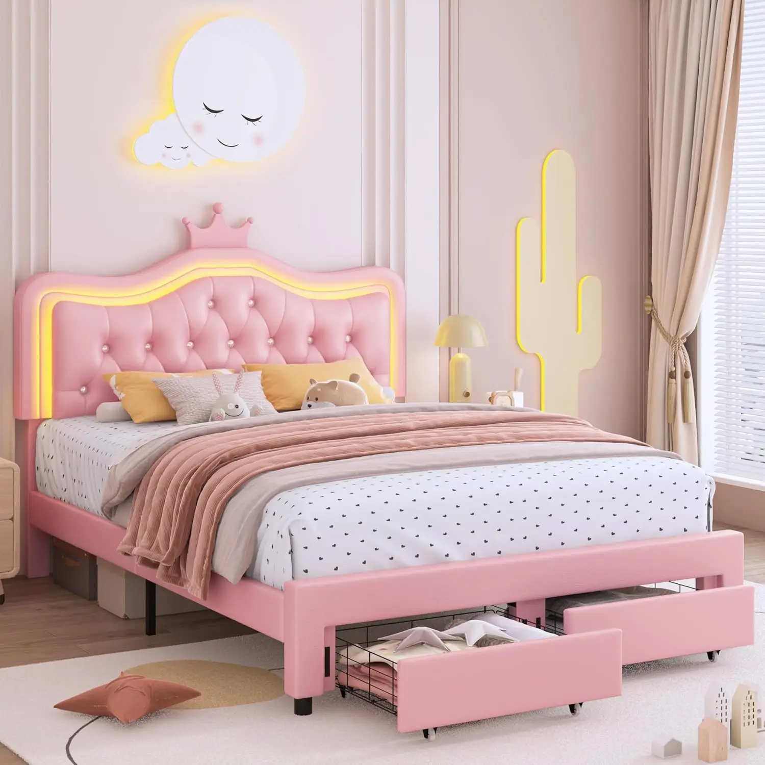 

Full Upholstered LED Bed Frame with Storage Drawer, Leather Princess Platform Bed with Adjustable Crystal Button Tufted