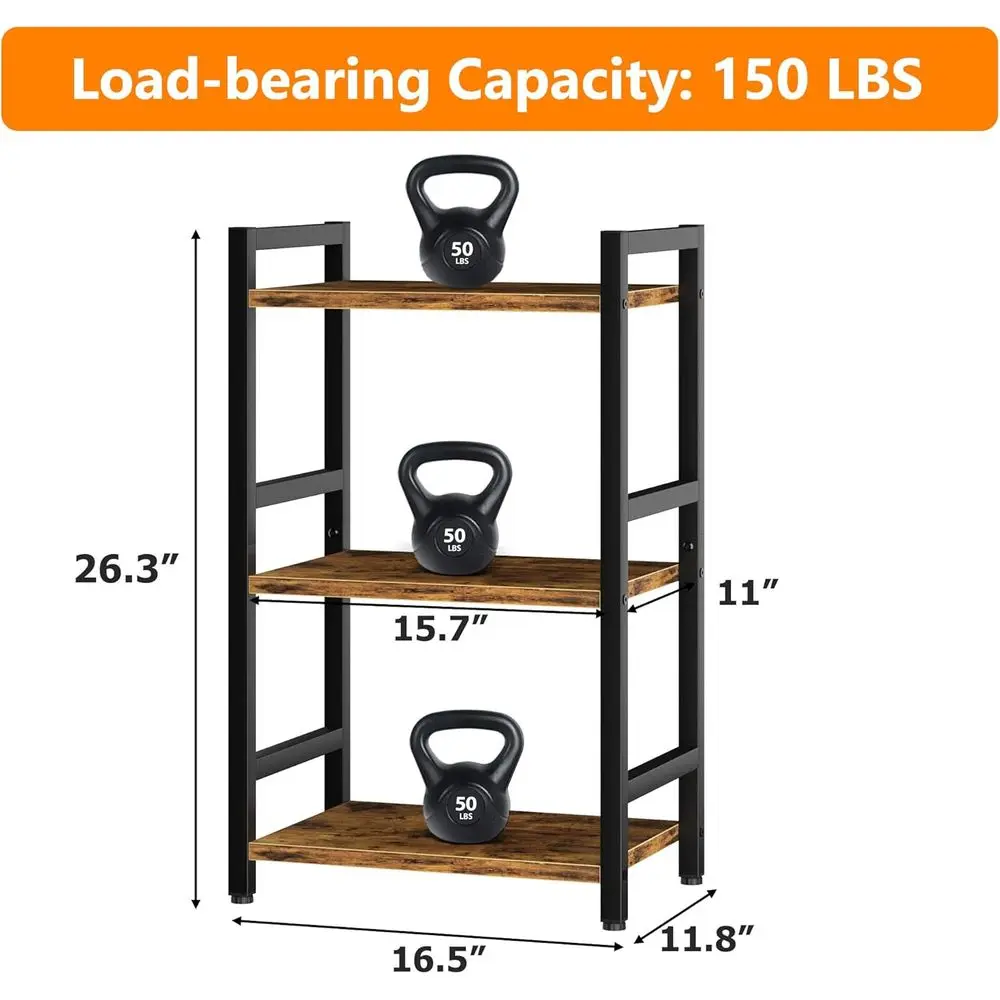 Sturdy 3-Tier Steel Bookshelf - Compact Storage for Books, CDs, Movies in Rustic Brown