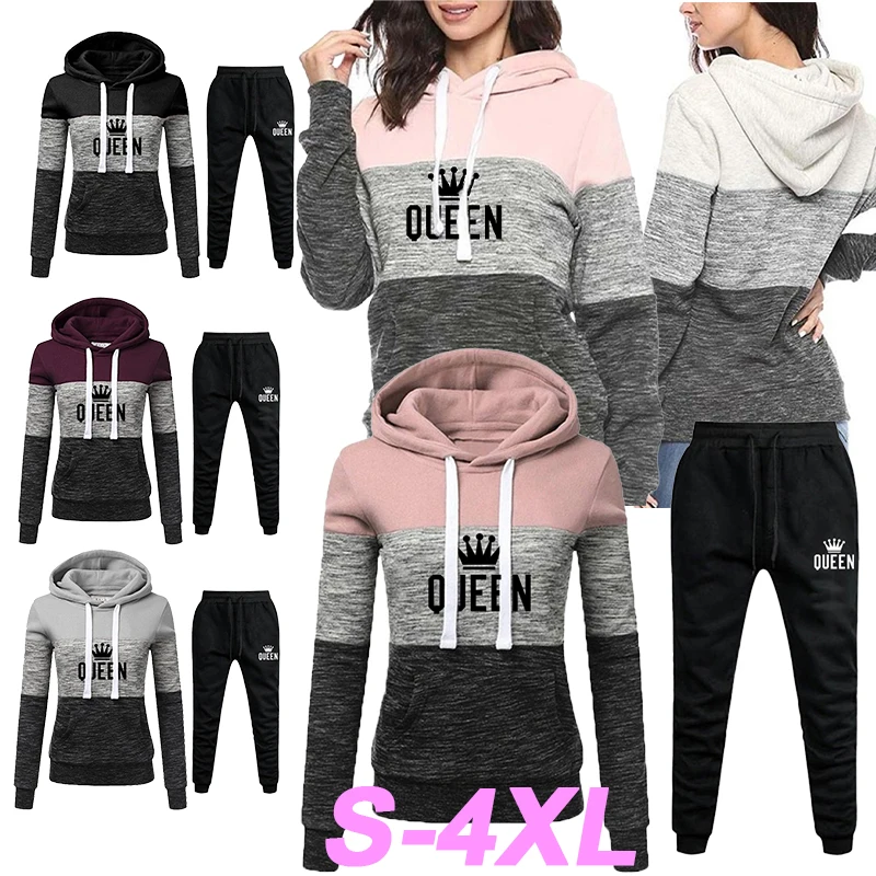 

2023 New Women's Jogging Set Tri Color Pullover Hooded Sweatshirt and Sweatpants Women's Casual Sports Hooded Set