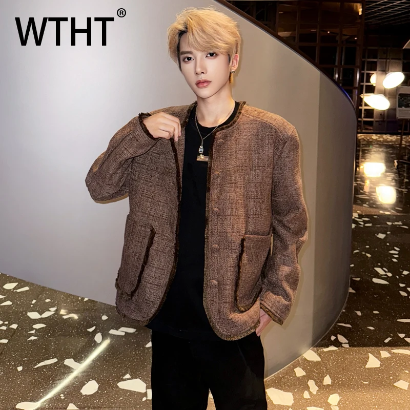 

WTHT Fashion Men's Solid Color Spliced Big Pockets Loose Coats Trendy O-neck Single Breasted Jackets Male 2025 Autumn 2A2124
