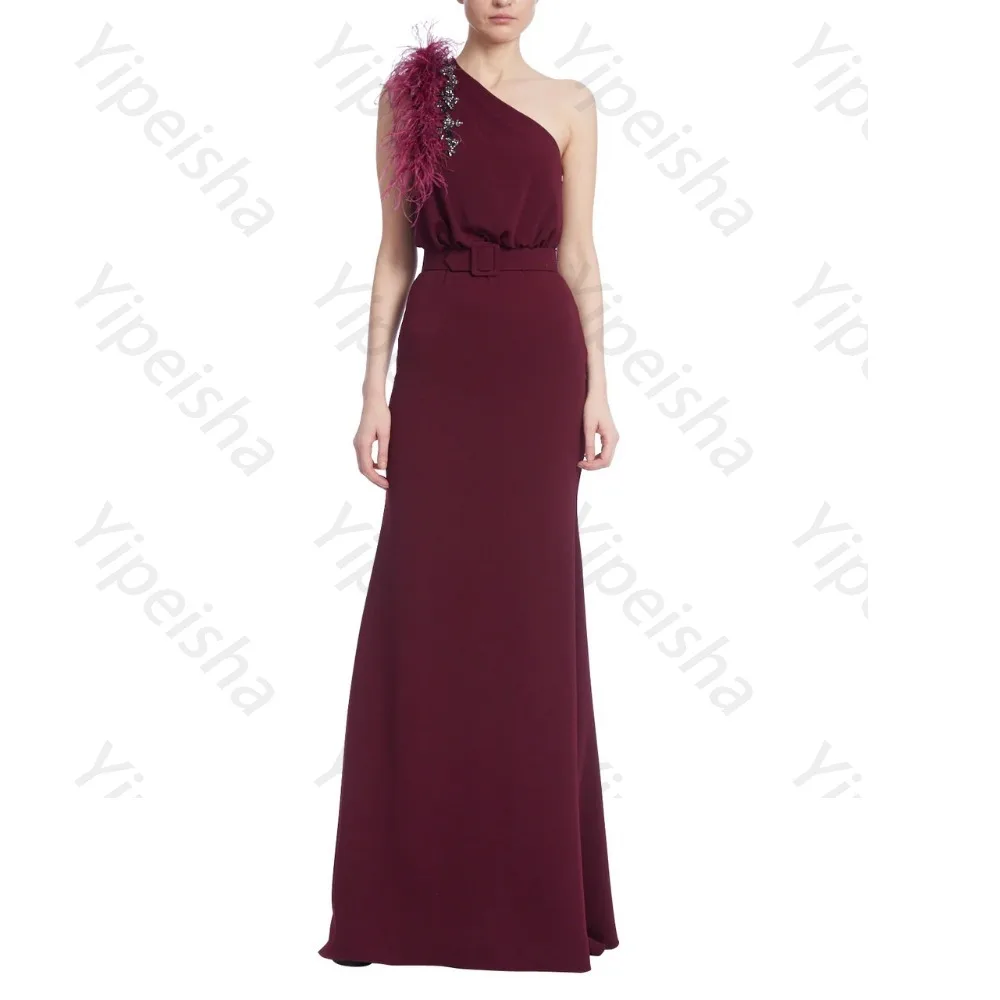 

Индивидуальное высококачественное красное вечернее платье из крепа на одно плечо, в пол, с перьями и бисером, А-силуэт, для торжественных мероприятий