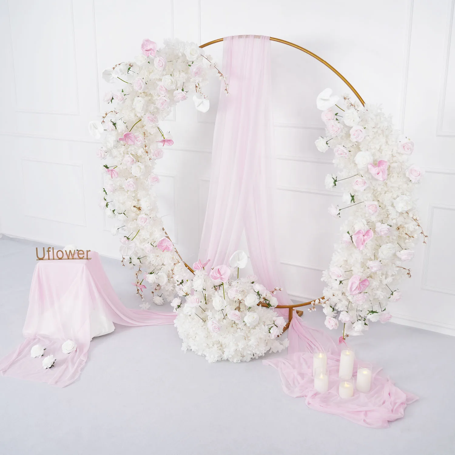 Uflower Luxury Pink Rose Cherry Blossom Artificial Flower Row Wedding Arch Hang Floral Arrangements Backdrop Party Decor Display