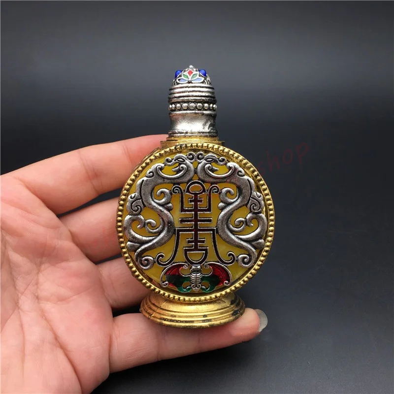 

Pure copper Tibetan Silver gilding silver hollowed out dragon and Phoenix longevity snuff bottle,Old thing