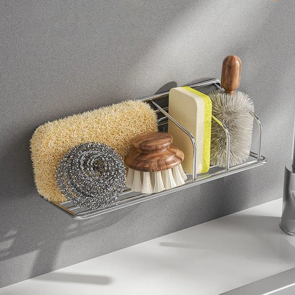 

Wall Mounted Sink Storage Rack Stainless Steel Space Saving Sink Drain Rack No Drill Quick Dry Sponge Storage Holder Home
