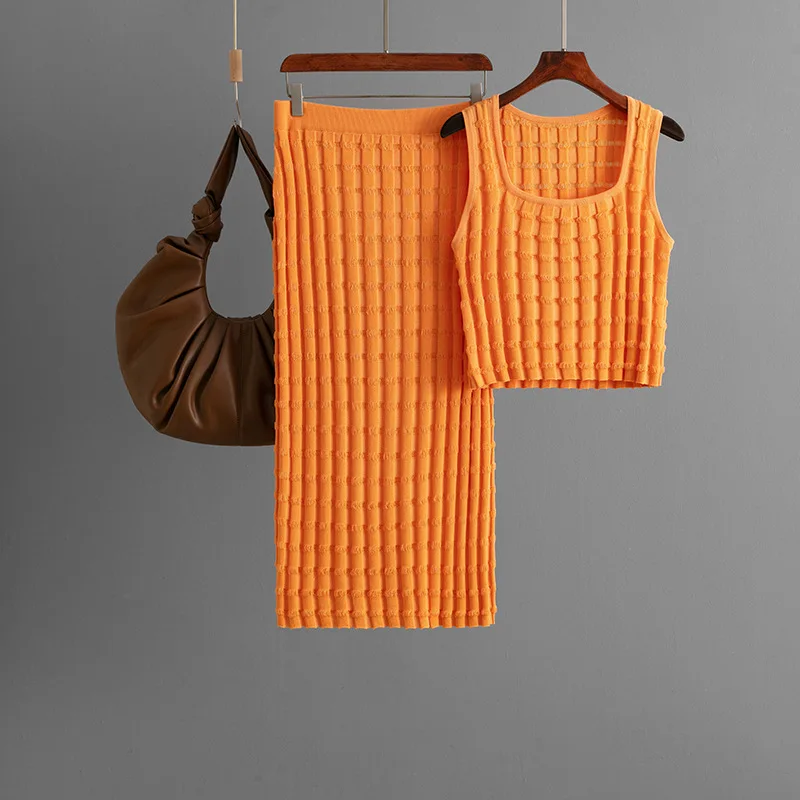 

Модный женский костюм без рукавов, жилет, топ, полуюбка, вязаный комплект из двух предметов