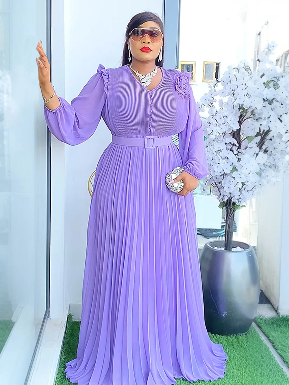 

African Women Pleated Formal Dress Flower Belt Long Sleeve High Waist Plus Size Prom Ankara Dashiki Evening Africa Clothes Gown