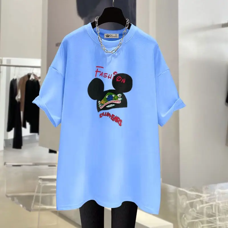 Summer Chic Cartoon Printed Pure Cotton T-shirt Women Short Sleeve O-neck Tops Loose Basics Casual M-6XL Pullovers