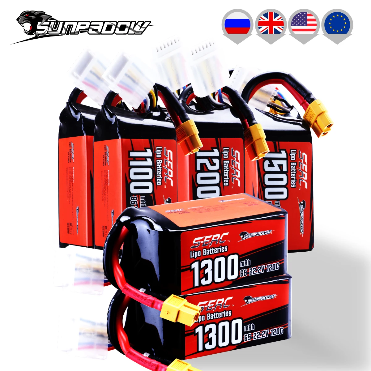 Sunpadow-batería Lipo de 22,2 V y 6S, paquete suave de 1100mAh, 1300mAh, 1500mAh, 120C, con enchufe XT60 para Dron RC FPV, avión de carreras y