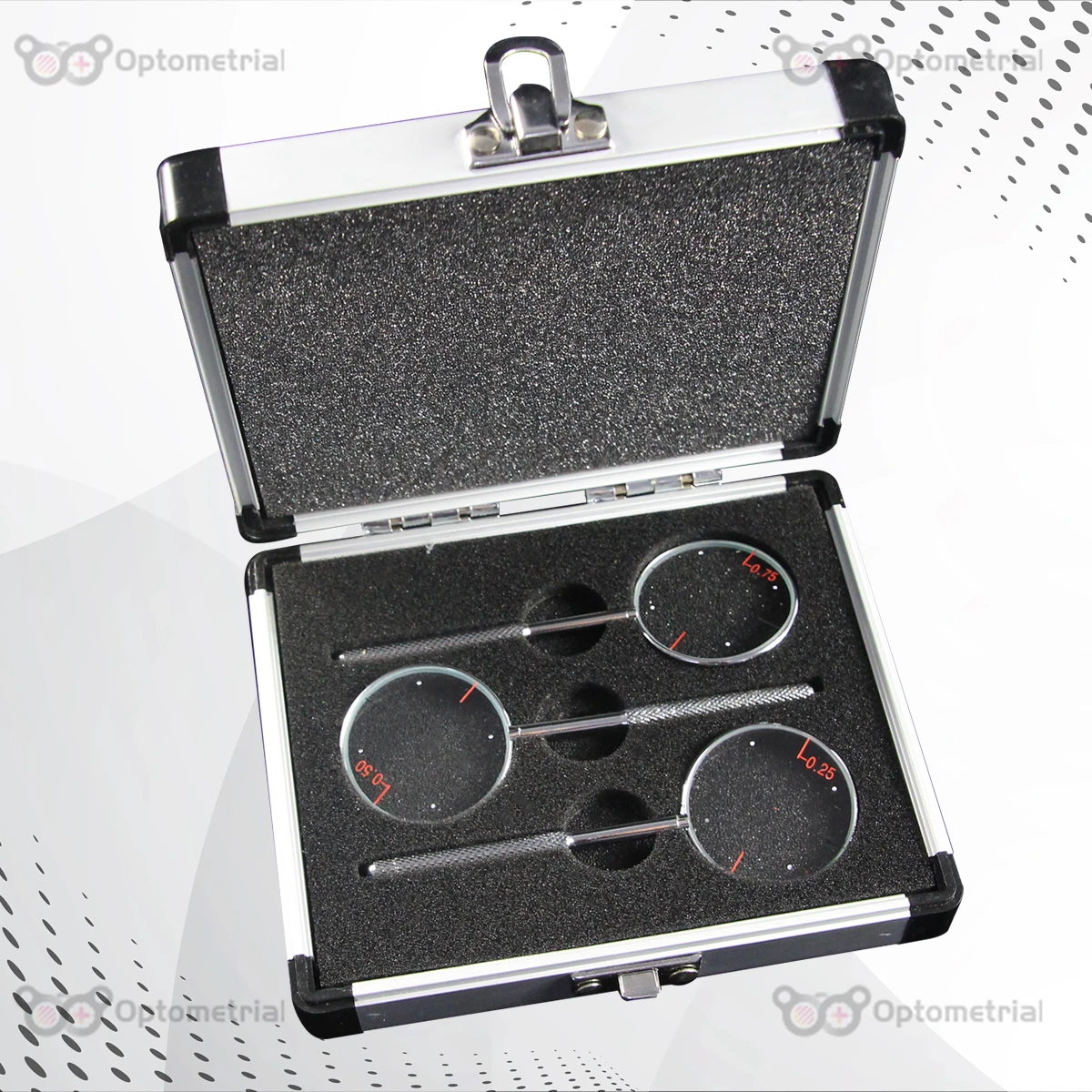 Premium Optometric Jackson Cross Cylinder 68mm 4 punkty Diection 0,25 / 0,50 / 0,75 3 szt. w aluminiowym pudełku