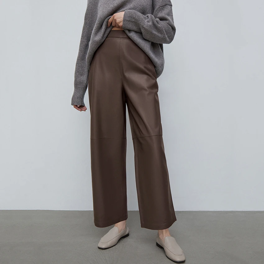 Street Chic Brown PU Zipper Long Pants For Woman 2026 Vintage Loose Straight Pants Female Autumn Trend Patchwork Trousers Female