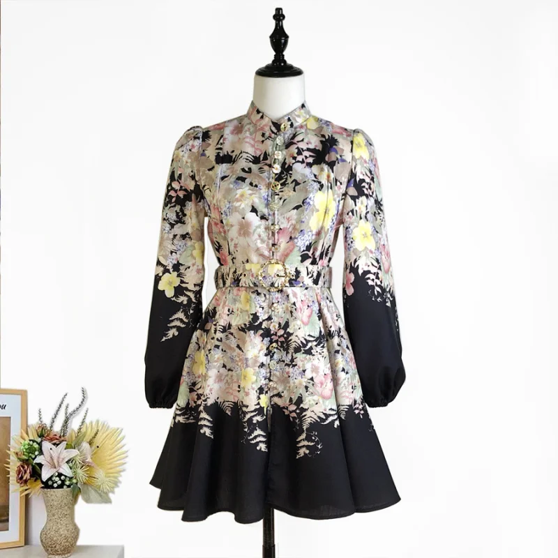 

Live Shot New Australian Temperament Positioning Printing High Waist Sleeve Cotton and Linen Dress Short Skirt + Belt