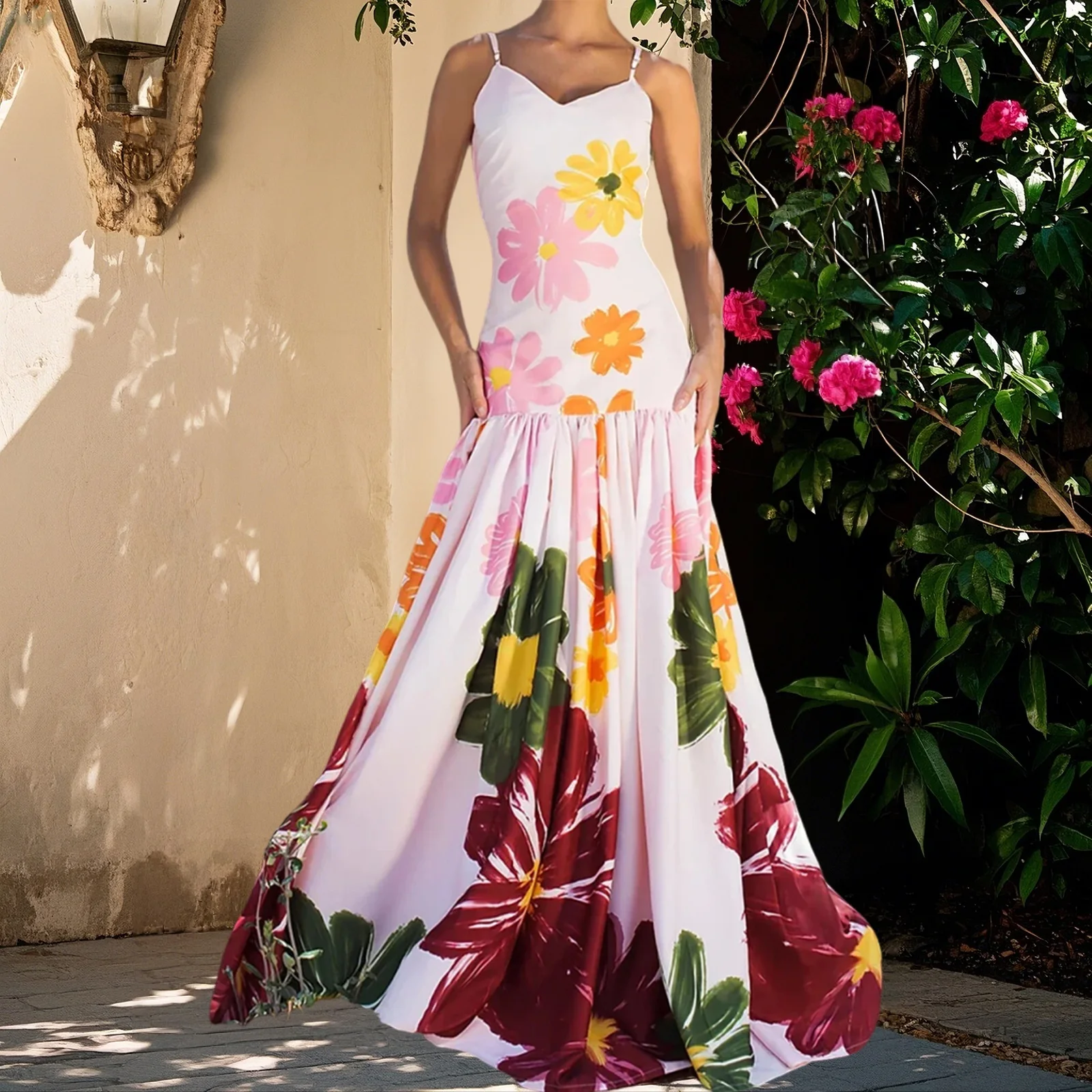 2025 Abiti da festa stile spiaggia Abito estivo lungo da donna senza maniche con stampa floreale Abito con cinturino per spaghetti con orlo fluido