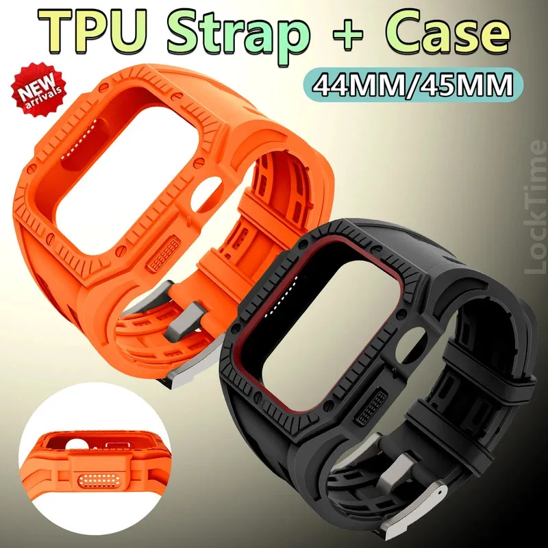 

Silicone For Apple Watch Band+C ase 44mm 45mm Rugged Strap Ultra 1 2 Series 9 8 7 6 5 with Screen Protector Case