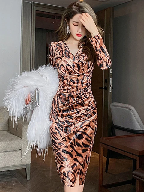 Leopard fashion print dress womens