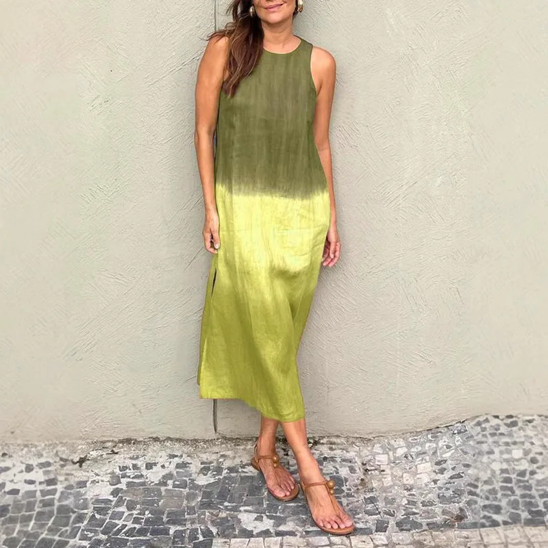

2024 Women's Summer Casual Cotton Linen Sleeveless Slit Gradient Dress