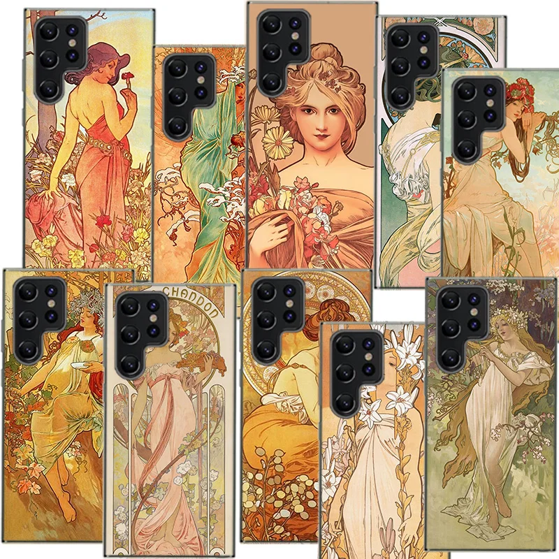 Alfons Mucha Primavera Clear Phone Case For Samsung Galaxy S21 S20 S23 FE S24 S22 Ultra Capa S10 S9 S8 Plus S10E Cover Shell Coq