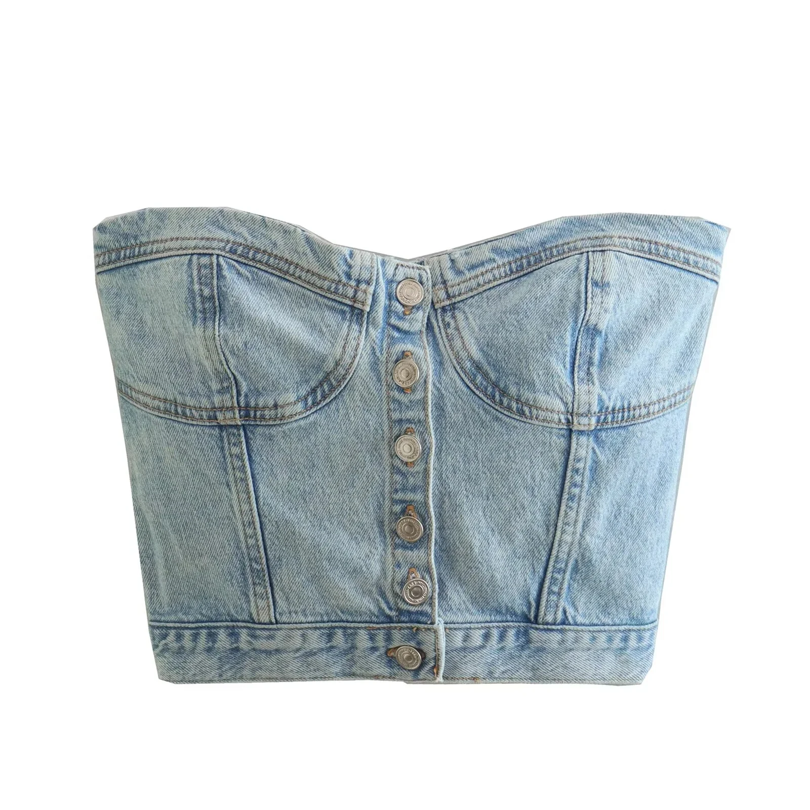 Women\'s Button Down Denim Bustier Crop Top Strapless Jeans Corset Top Backles Push Up Tank Tops Vintage Harajuku Streetwear