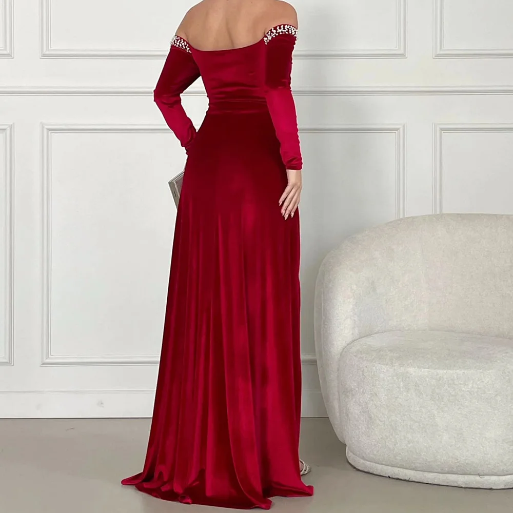 Floor Length Side Slit  Strapless Evening Dress Velvet Long Sleeves Pearls Special Occasion Gowns Photo Color Elegant and Sexy