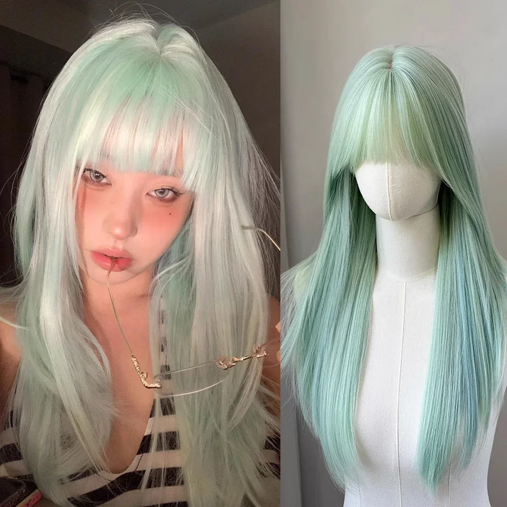 المرأة الاصطناعية النعناع الأخضر طويل مستقيم شعر مستعار رقيق لوليتا تأثيري شعر مستعار مقاوم للحرارة مع الانفجارات للحزب اليومي