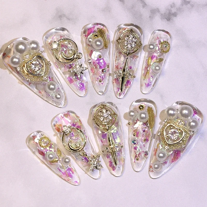 

Luxury Glitter Rhinestone Pearl Full Cover False Nails Tips Handmade Long Stiletto Coffin Acrylic Fake Nail With Glue Manicure