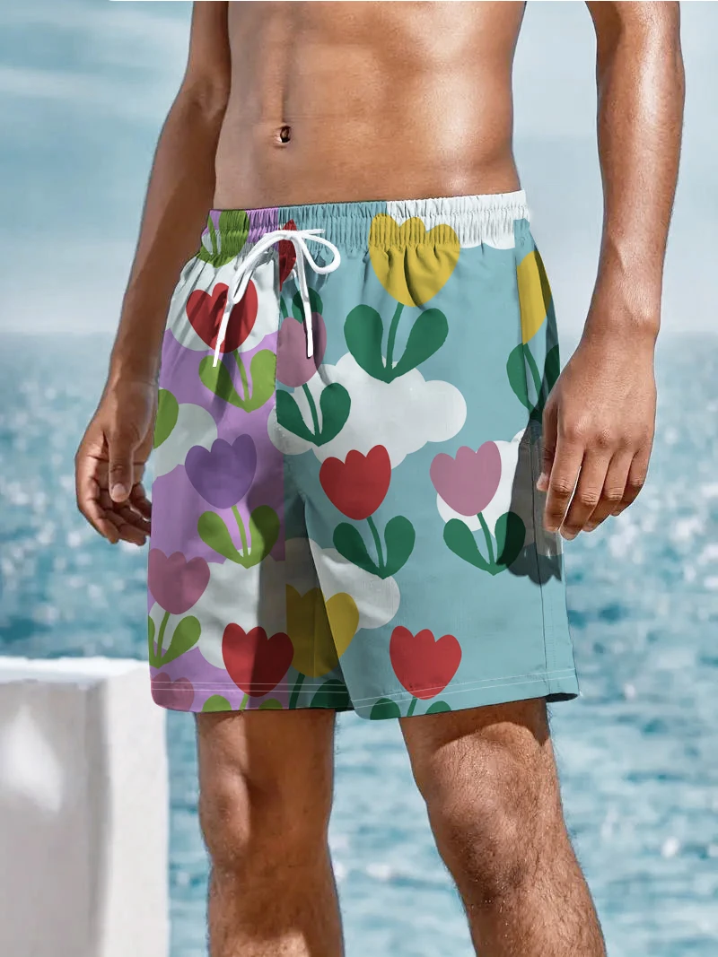 Summer Men's Cartoon Floral 3D Digital Printing Hawaiian Beach Quick Dry Shorts Large Size Loose Swimming Trunks