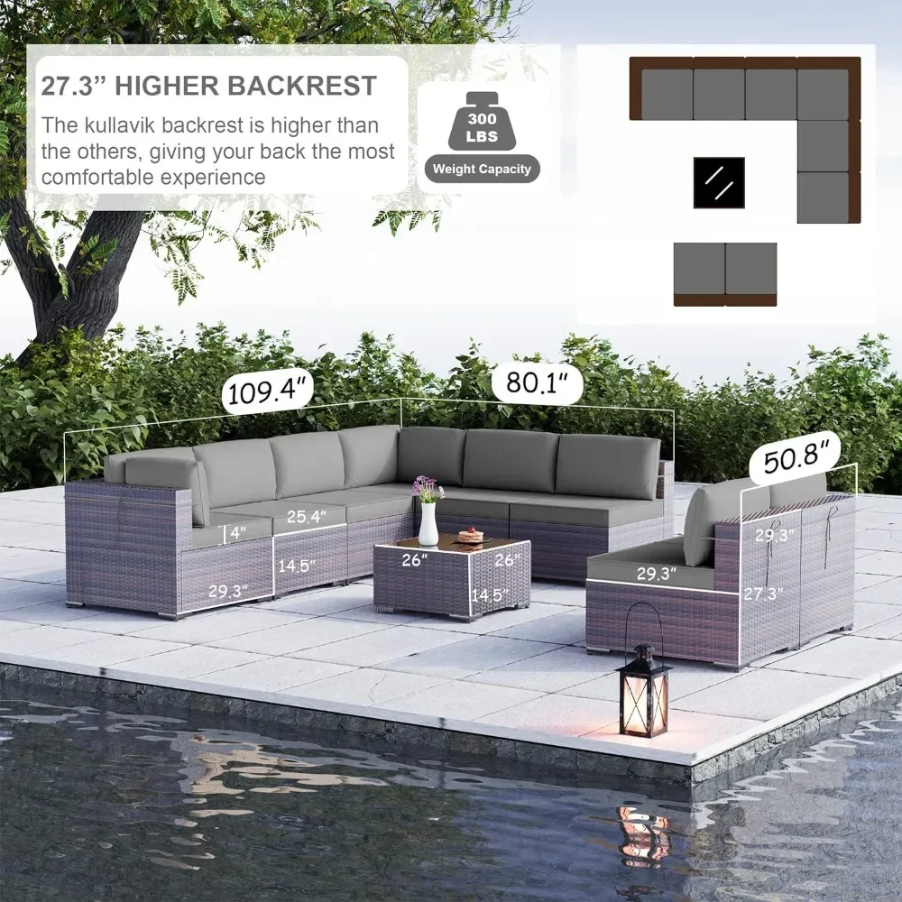 9 Pieces Outdoor Patio Furniture Set Outdoor Sectional Rattan Sofa Set Wicker Patio Conversation Set