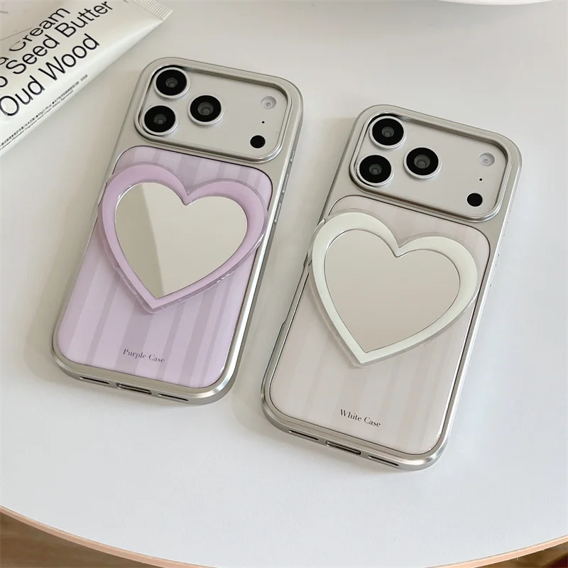

Sweet Heart Mirror Stand Phone Case For iPhone 14 15 16 17 Pro Max Kawaii Makeup Mirror Protective Cover